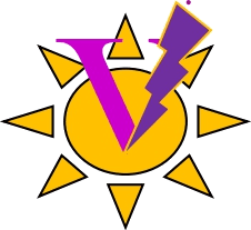 A purple and yellow sun with a lightning bolt.