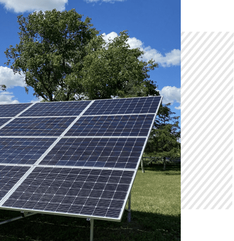 A solar panel sitting in the grass next to a tree.